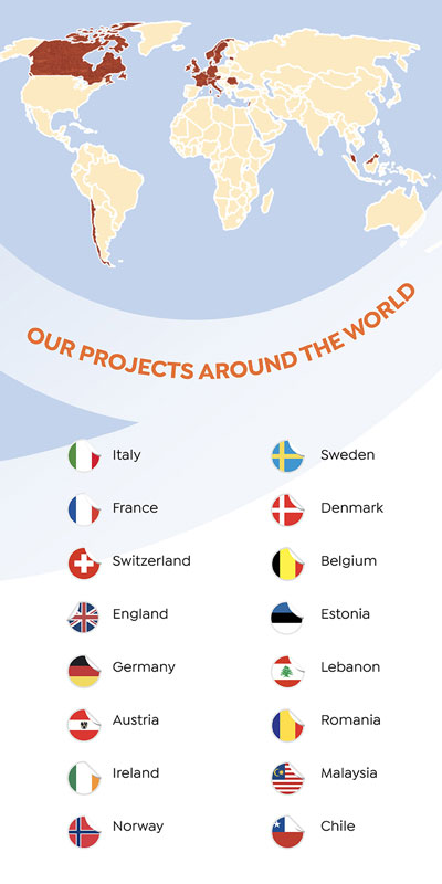 Mappa mondiale con i progetti RedPlus evidenziati in Europa, America, Medio Oriente e Asia
